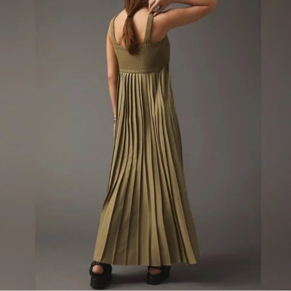 mare mare x ANTHROPOLOGIE Khaki Pleated Twofer Pleated Sleeveless Maxi Dress M - Picture 2 of 12